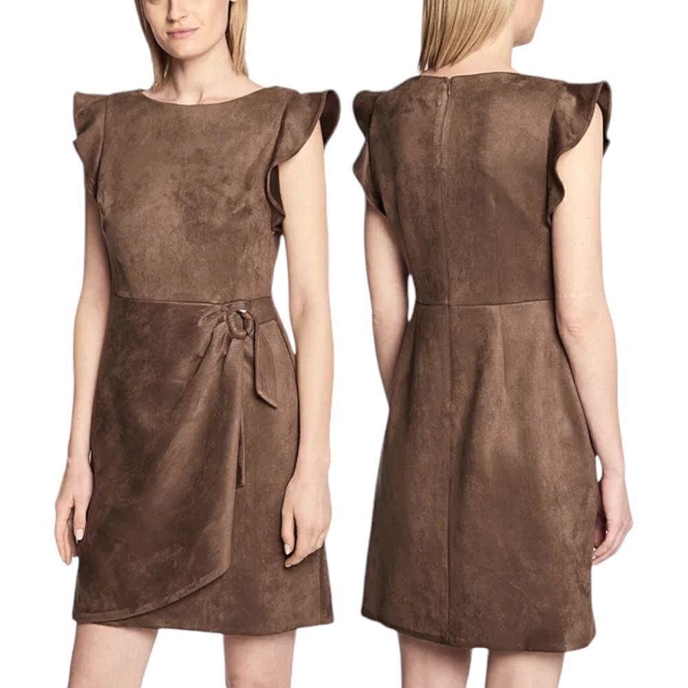 DKNY Brown Faux-Suede Side-Draped Cap Sleeve Sheath Dress - Toffee